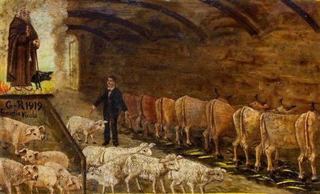 PITTORE ANONIMO DEL '900 "Ex voto" 1919 21x32 olio su metallo Opera datata a...