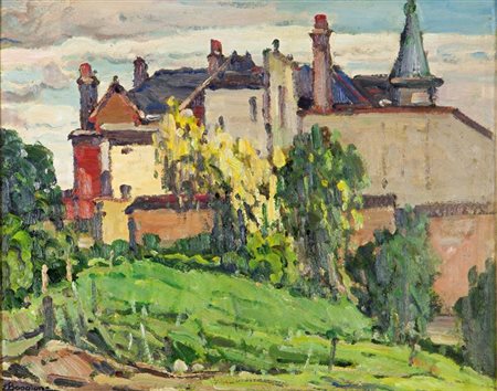 BOGGIONE ENRICO Torino 1889 - 1985 "Paese di campagna" 24x30 olio su cartone...