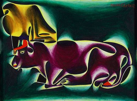 BAUMGARTNER FRITZ A 1929 - 2006 "Eifelkuhe (Mucche)" 1994 30x40 olio su...