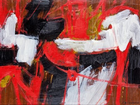 BISSACCO MARTINO Taglio di Po (RO) 1941 "Simulazione in rosso" 46x60 olio su...