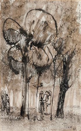 AIME TINO Cuneo 1931 "A passeggio nel parco" 1967 42x25 tecnica mista su...