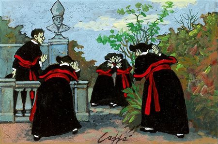 CAFFE' NINO Alfadena (AQ) 1909 - 1975 Pesaro "Confidenze" 1968 10,6x16 olio...