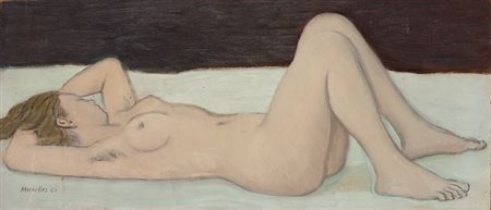 RAM (Ruggero Alfredo Michahelles) "Nuda distesa" 1963 30x70 olio su masonite...