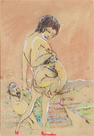 MACCARI MINO Siena 1898 - 1989 Roma "Maternità" 1965 48x33 olio su carta...