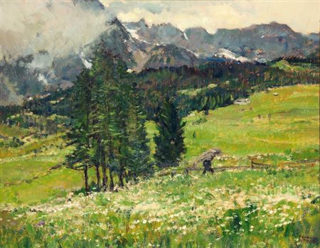 MUSSO CARLO Balangero (TO) 1907 - 1968 "Paesaggio con contadino" 40x 50 olio...