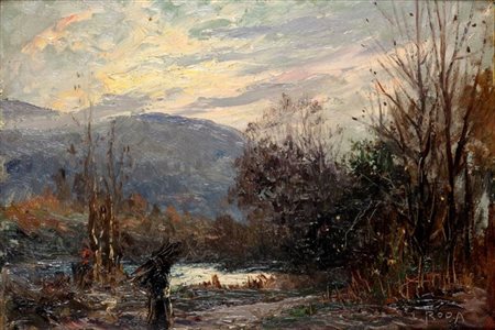 RODA LEONARDO Racconigi (CN) 1868 - 1933 Contadina lungo il ruscello 22x31...