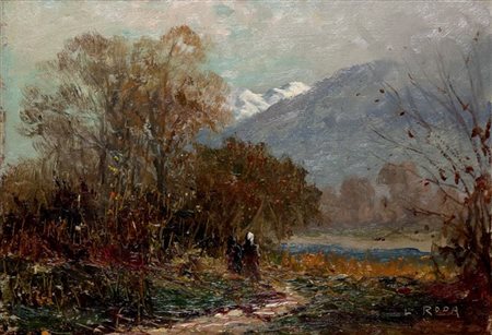 RODA LEONARDO Racconigi (CN) 1868 - 1933 Paesaggio con contadine 22x31 olio...