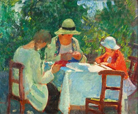 GRANDE GIOVANNI Torino 1887 - 1937 Donne al tavolo 41,5x50 olio su tavoletta...