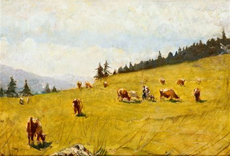 GUARLOTTI GIOVANNI Galliate (NO) 1869 - 1954 Torino Mucche al pascolo 32x46...