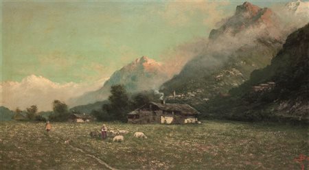 BO GIACINTO Torino 1832 - 1925 Montanaro (TO) Paesaggio montano 64x119 olio...