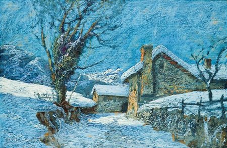GHIVARELLO BENEDETTO Torino 1882 - 1955 Notturno con neve 1951 30x45 olio su...