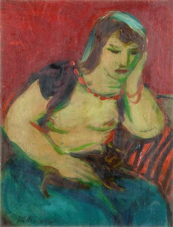 DA MILANO GIULIO F 1895 - 1990 Torino Ragazza col gatto 25x19 olio su tela...