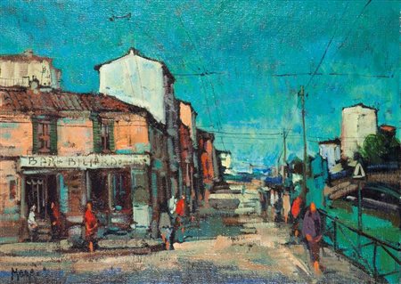 MAGGI GIAMPIETRO Milano 1934 Naviglio a San Cristoforo 50x70 olio su tela...