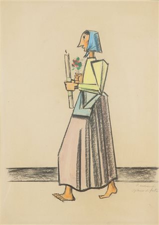 MORANDO PIETRO Alessandria 1892 - 1980 Giorno di festa 52x39 pastello su...