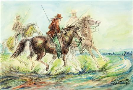 GONZAGA GIOVANFRANCESCO Milano 1921 Butteri in Maremma 35x50 tecnica mista su...