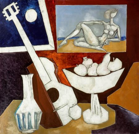LANDI BRUNO Roma 1941 Natura morta con chitarra 2003 80x90 olio su tela Opera...