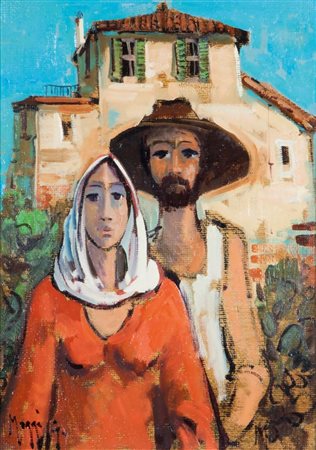 MAGGI GIAMPIETRO Milano 1934 Contadini del Sud 35x25 olio su tela Opera...