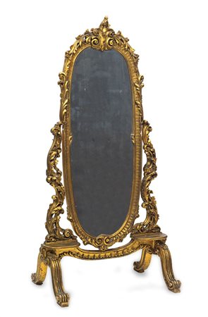 PSICHE Grande psiche in legno dorato, epoca XX secolo; poggiante su quattro...