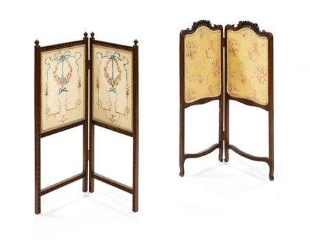 PARAVENTI Lotto composto da due paraventi in noce, a due elementi: il primo...