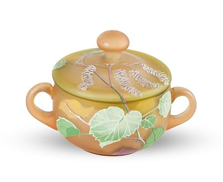 BECHERT ADOLF Zuccheriera in vetro con anse applicate a caldo, decoro a...