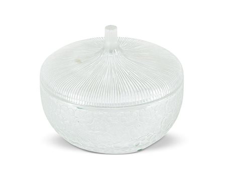 LALIQUE FRANCE Scatola Eglantines in vetro bianco pressata in forma, decoro...