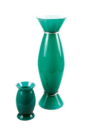 MENDINI ALESSANDRO Acco e Sidone Due vasi in vetro opalino verde, soffiato e...