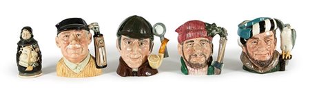 ROYAL DOULTON ENGLAND Lotto composto da cinque boccali in ceramica policroma,...