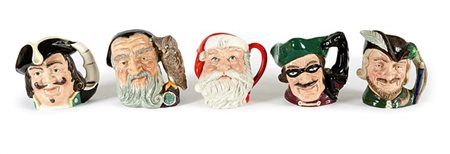 ROYAL DOULTON ENGLAND Lotto composto da cinque boccali in ceramica policroma,...