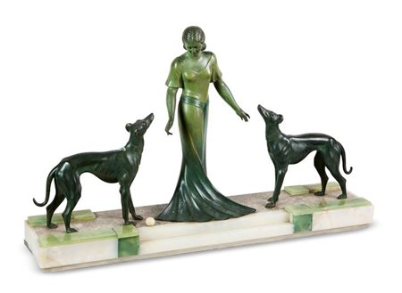 SCULTORE ANONIMO primi anni del '900 "Figura femminile con due levrieri"...