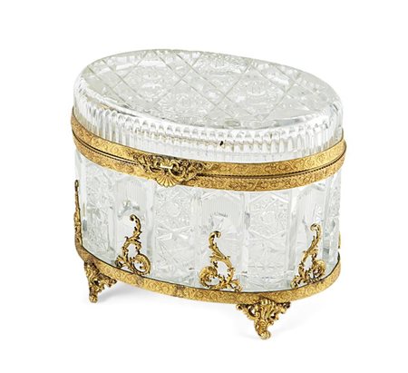 SCATOLA Scatola in cristallo e guarniture in metallo dorato, decoro...