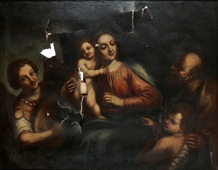 PITTORE ANONIMO DEL '600 "Sacra famiglia con angeli" 83x106 olio su tela...