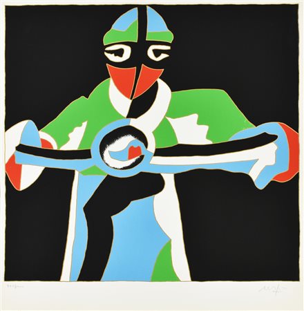 Ugo Nespolo IL MOTOCICLISTA serigrafia su carta, cm 54x50; es. 703/1000 firma