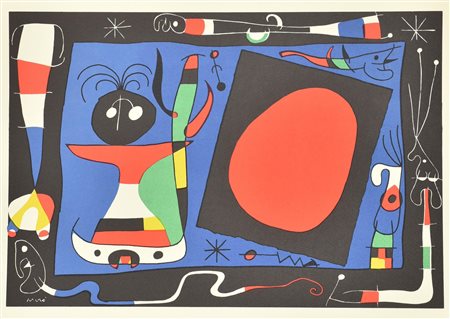 Joan Miro' FEMME AU MIROIR litografia su carta (d'apres), cm 33,5x48 firma in...