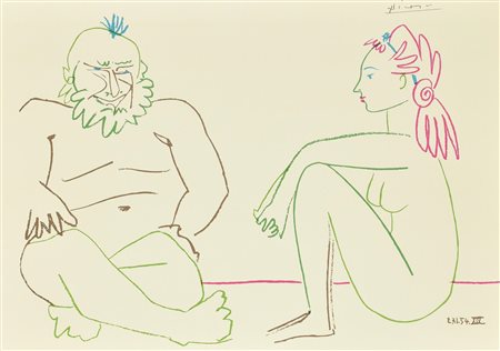 Pablo Picasso FEMME ET VIEUX litografia su carta (d'apres), cm 33,5x48 firma...