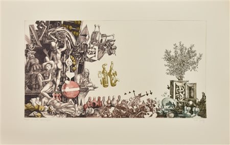 Rudi Gorog LA SCUOLA DEL PITAGORA incisione su carta, battuta cm 44x79,5, su...