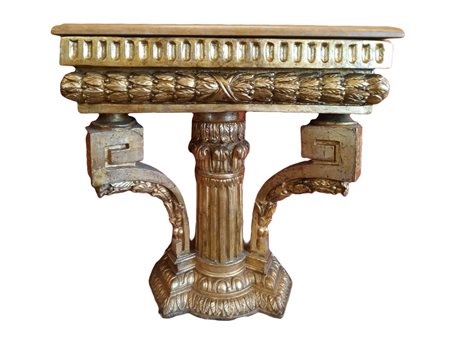 Console a colonna in legno dorato a foglia, con marmo al pia