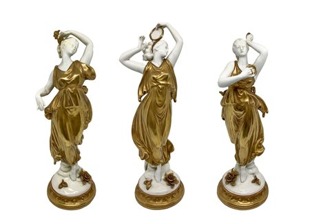 Capodimonte - N.3 Statuine in porcellana bianca e dorata raf