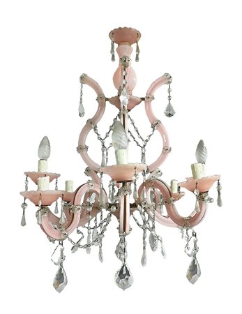 Lampadario in vetro di Murano, colore rosa, 8 luci  H cm 70,
