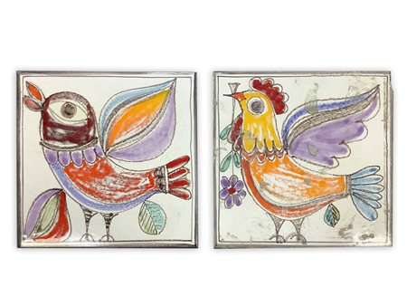 De Simone - Coppia di piastrelle in maiolica raffiguranti un