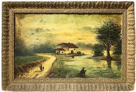 Paesaggio fluviale con pescatore e strada lungo il fiume con