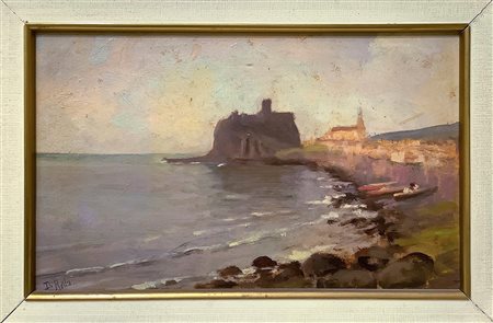 Marina con castello normanno di Acicastello  17x27 cm, in co