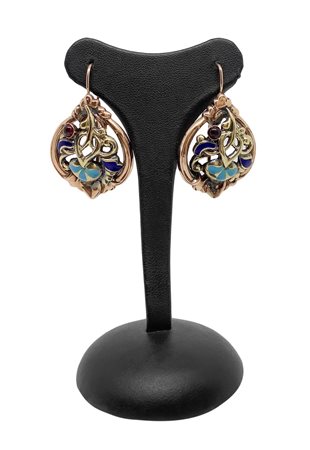 Orecchini a basso titolo con smalti azzurri e blu e pietra  