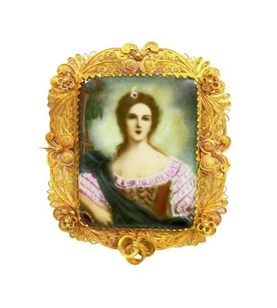 Spilla con miniatura su porcellana in castone di filigrana (