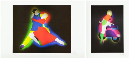 Marco Lodola Lotto unico di due Opere - "Ballerini", Litografia su carta, cm....