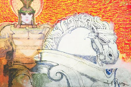 Raffaele De Rosa Figura e cavallo Tecnica mista su tavola cm. 19,5x29 Firmato...