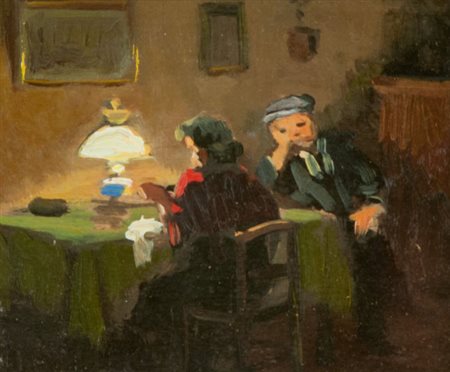 Cafiero Filippelli Interno con figure Olio su tavola, cm. 8x9,5 Firmato in...