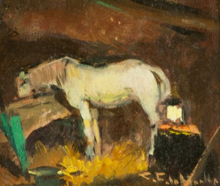 Cafiero Filippelli Cavallo alla mangiatoia Olio su tavola, cm. 7,5x9 Firmato...