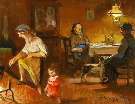 Cafiero Filippelli Interno Olio su compensato, cm. 24x31 Firmato in basso a...