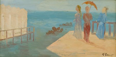 Guido Guidi Marina con figure Olio su tela, cm. 40x80 Firmato in basso a...