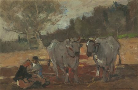 Ludovico Tommasi Scena agreste Olio su cartone, cm. 30x45 Firmato in basso a...